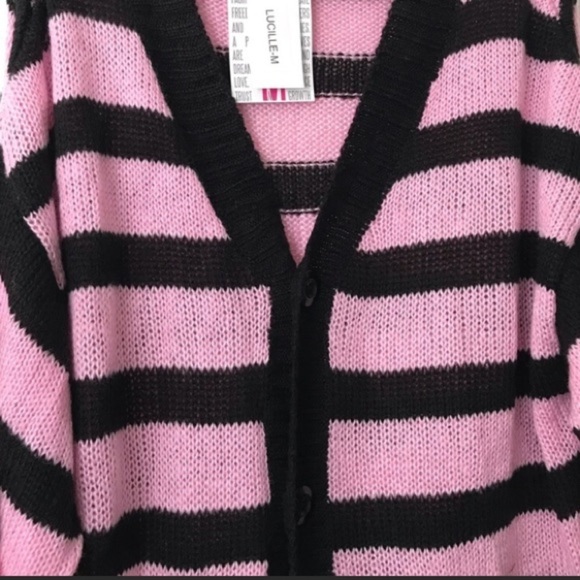 Lularoe Stripe Lucille Cardigan Button Pink/Black - Picture 3 of 13